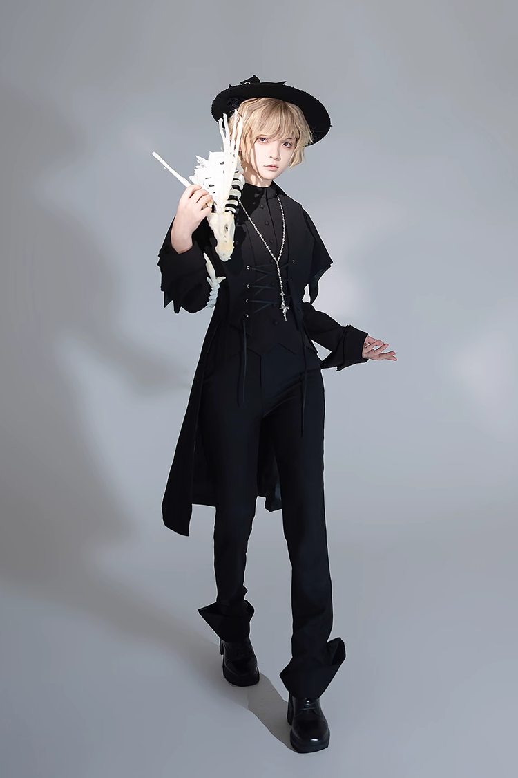Black Vintage Medieval Prince Ouji Lolita Swallowtail Long Waistcoat Coat - Product - 9