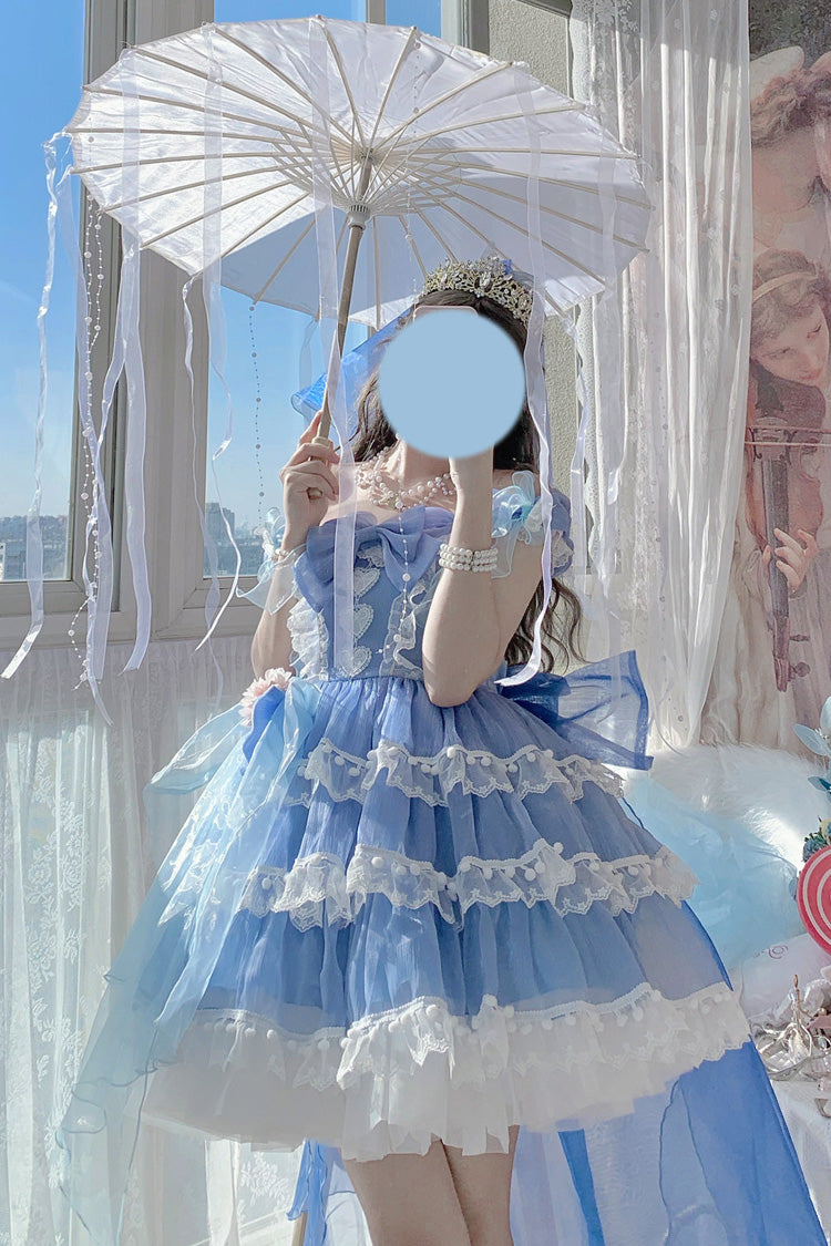 Blue Multi-Layered Ruffled Hanayome Bow Pearl-Decorated Sweet Lolita Jsk Dress Full Set 2 Versions - Product - 7