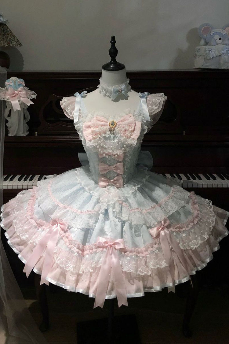 Blue [Candy Satin Ballet] Square Collar Sleeveless Multi-Layered Ruffled Bow Lace Pearl Detail Sweet Lolita Jsk Dress - Product - 3
