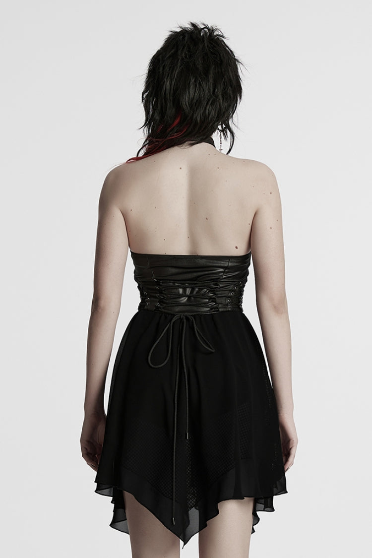 Black Halterneck Lace-Up Irregular Women's Punk Party Dress - Product - 3