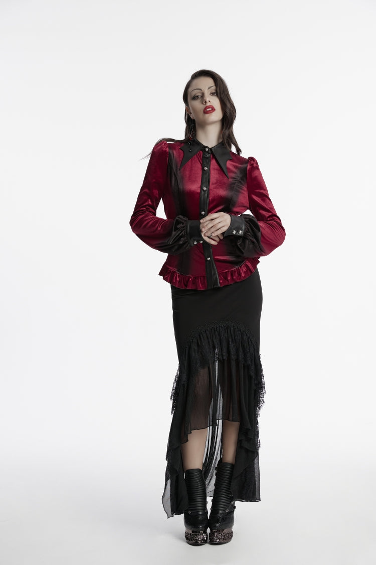 Red Lapel Collar Long Sleeves Lace-Up Slim Women's Gothic Gradient Velvet Blouse - Product - 3