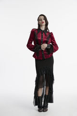 Red Lapel Collar Long Sleeves Lace-Up Slim Women's Gothic Gradient Velvet Blouse - Product - 3