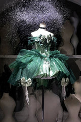 Green [Mermaid Tears] Off Shoulder High Waisted Ruffled Bow Sweet Princess Lolita Dress - Product - 3