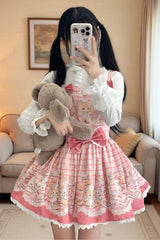 [Bear Cake] Sleeveless Print Bowknot Lace Doll-Style Sweet Lolita Suspender Dress 3 Colors - Pink - 4