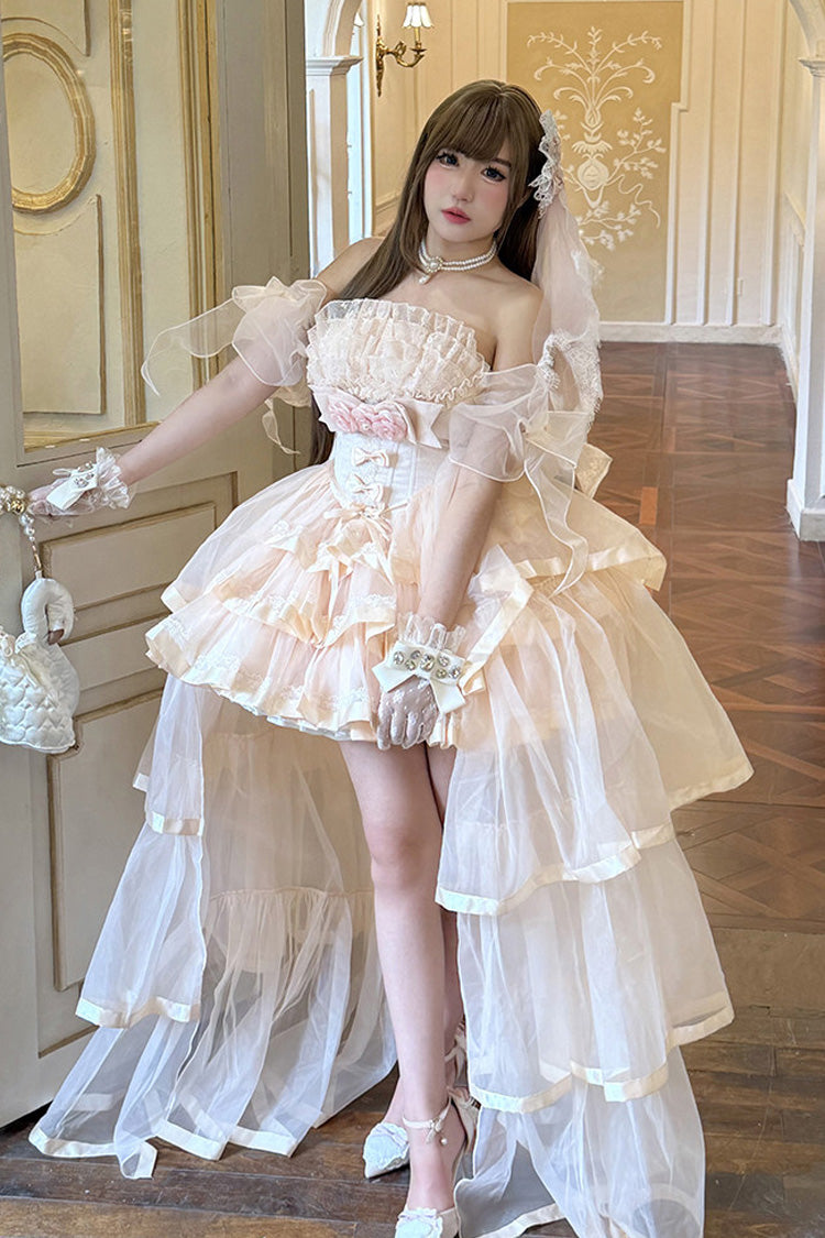 Pink [Mousse Love Song] Off Shoulder Sleeveless Triple-Layered Ruffled Hanayome Bow Sweet Elegant Ballet Lolita Short Dress Set - Product - 11