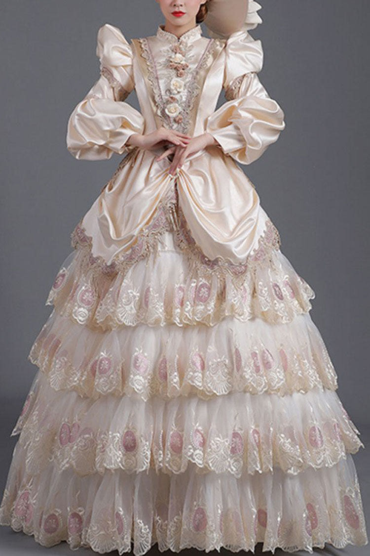 Champagne Lantern Sleeves High Waisted Three Dimensional Flower Print Victorian Lolita Prom Tiered Dress - Champagne - 1