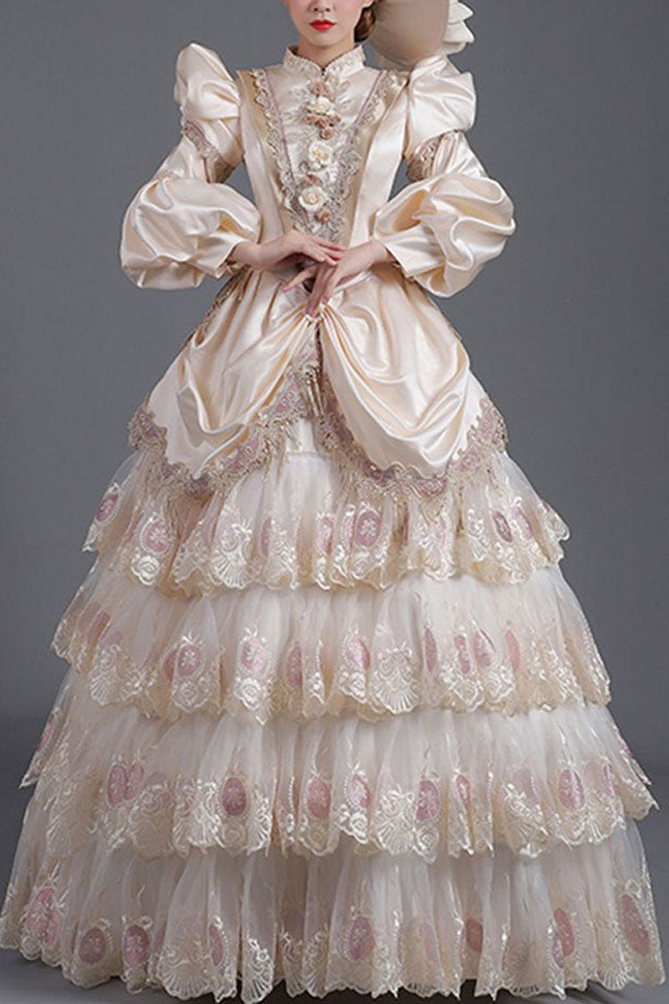Champagne Lantern Sleeves High Waisted Three Dimensional Flower Print Victorian Lolita Prom Tiered Dress - Champagne - 1