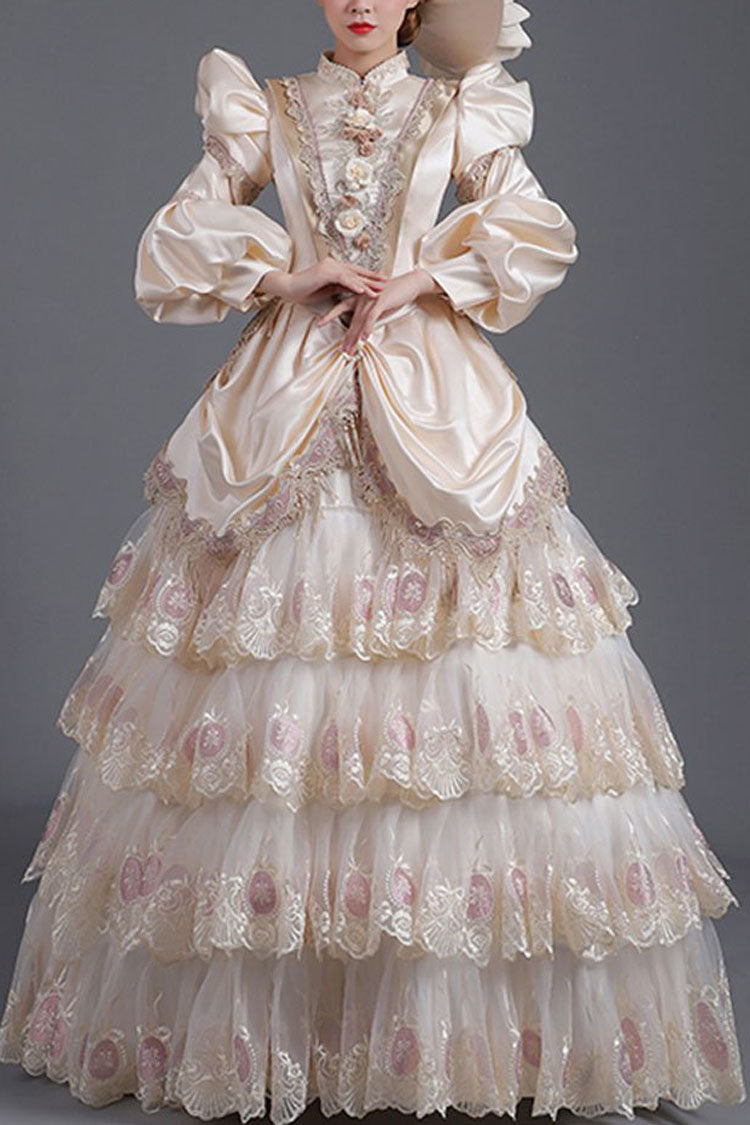 Champagne Lantern Sleeves High Waisted Three Dimensional Flower Print Victorian Lolita Prom Tiered Dress - Champagne - 1