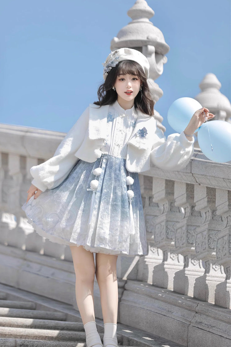 White/Blue Long Sleeves Print Ruffle Chinese Style Princess Sweet Lolita Jsk Dress Set - Product - 6