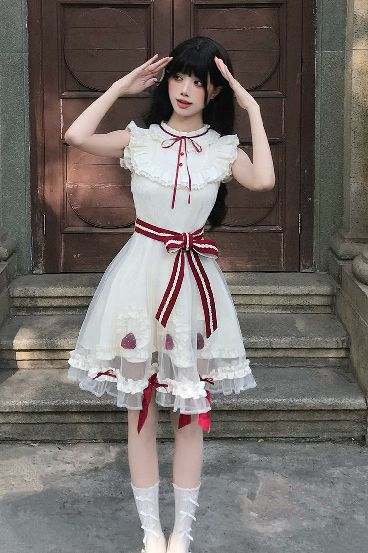 Ivory [Strawberry Mousse Cake] Stand Collar Sleeveless Mesh Ruffled Bow Lace Sweet Lolita Dress - Product - 7