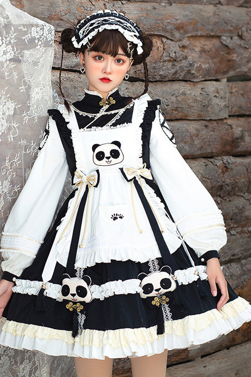 Black/White High Neck Lantern Sleeves Multi-Layer Ruffled Panda Bun Shop Sweet Lolita Op Dress - Product - 5