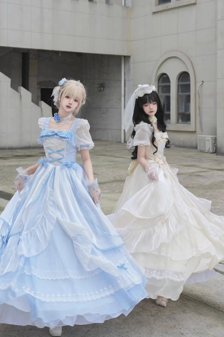Sweet Short Puff Sleeves Ruffle Hanayome Cardigan Bowknot Princess Gorgeous Lolita Dress 2 Colors - White/Blue - 1