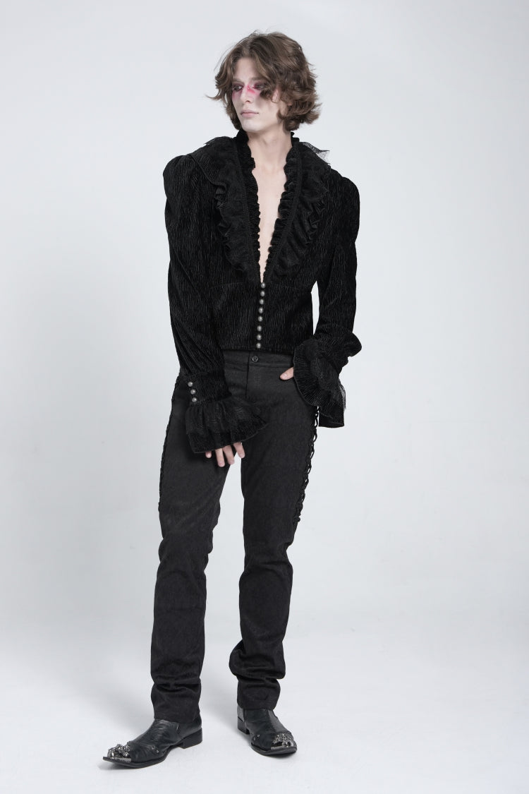 Black V Collar Long Sleeves Ruffle Stitching Lace Men's Gothic Blouse - Product - 8
