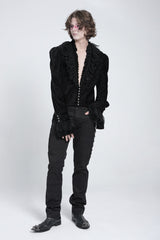 Black V Collar Long Sleeves Ruffle Stitching Lace Men's Gothic Blouse - Product - 8