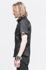 Black Locomotive Lapel Collar Short Sleeves Cotton Mens Punk Blouse - Product - 3