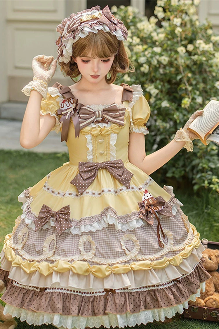 Yellow/Brown [Polka Dot Cake] Multi-Layered Printed Ruffled Bow Sweet Lolita OP Dress - Product - 4