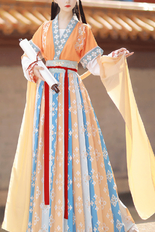 Ancient Tang Dynasty Embroidery Printing Sweet Hanfu Dress - Orange - 1