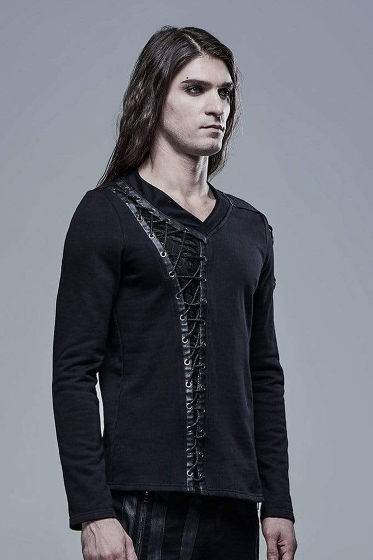 Black Long Sleeve Knit Front Splice Imitation Leather Lace Up Men's Punk T-Shirt - Product - 2