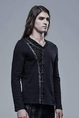 Black Long Sleeve Knit Front Splice Imitation Leather Lace Up Men's Punk T-Shirt - Product - 2