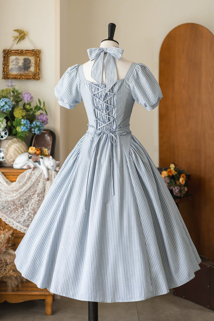 Light Blue [Chantilly Forest] Square Collar Short Sleeves Striped Printed Ruffled Classic Vintage Elegant Lolita Dress - Product - 3