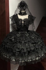 Black [Ballad of Feathers] Sleeveless Multi-Layered Ruffle Hanayome Bowknot Gothic Lolita Jsk Dress - Product - 3