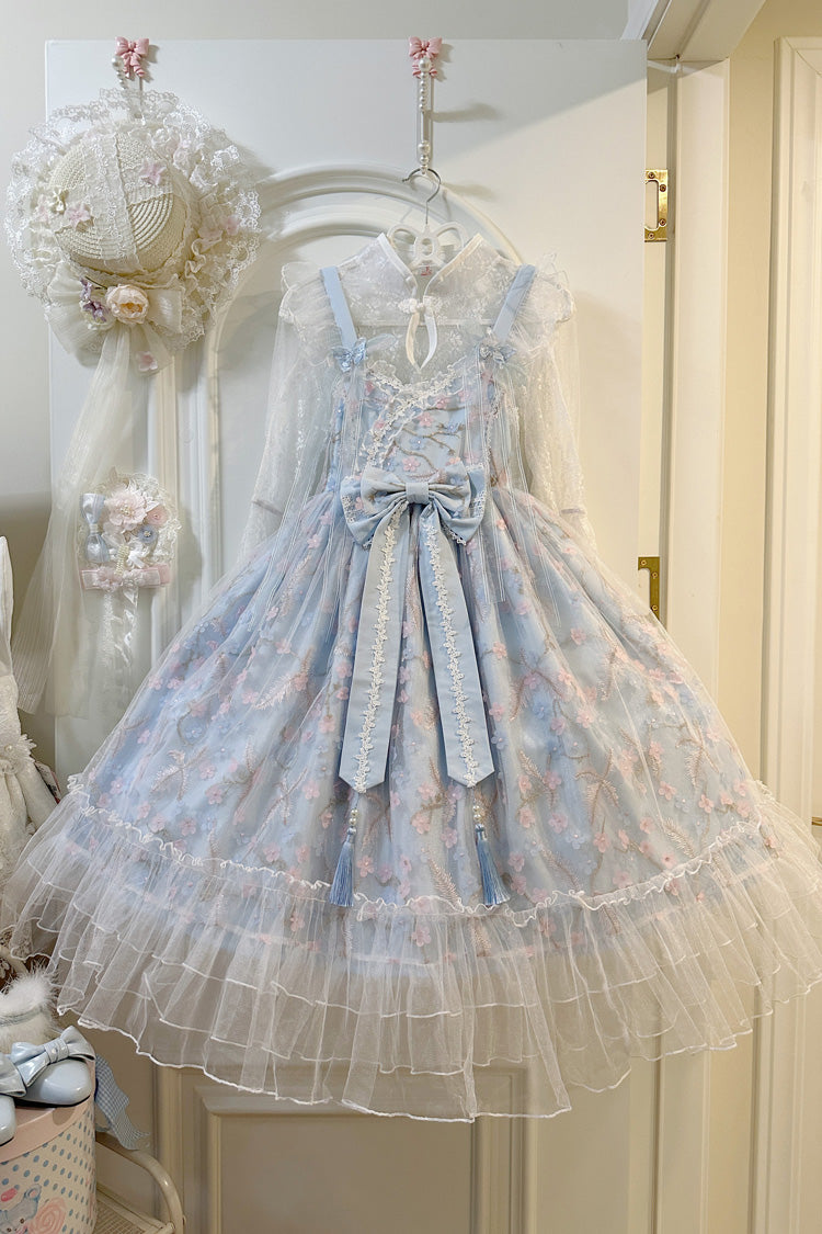 Sweet Sleeveless Ruffle Embroidery Bowknot Lace Chinese Style Lolita Jsk Dress 2 Colors - Blue - 2