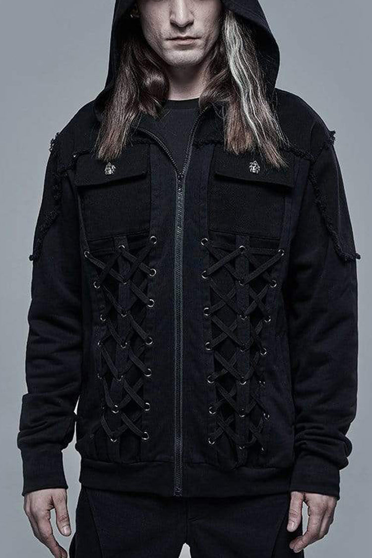 Black Punk Front Lace Up Decoration Long Sleeve Knit Hoodie Men's Coat - Black - 1