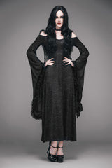 Black Gothic Big Cuffs Stretchy Floral Off The Shoulder Hooded Long Womens Dress - Product - 2