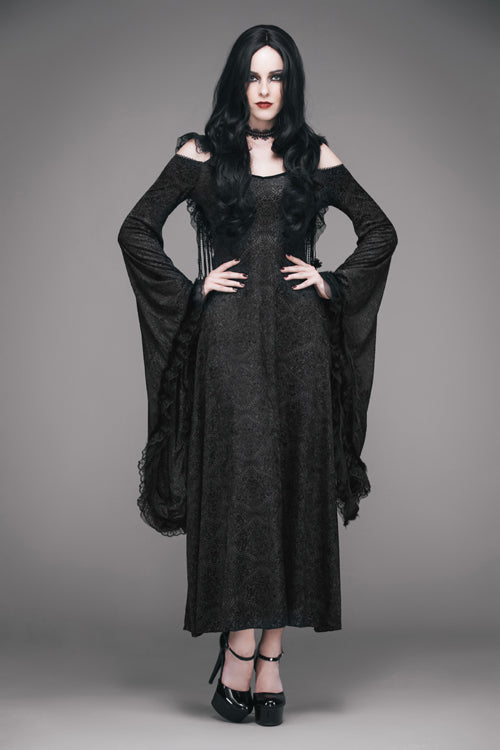Black Gothic Big Cuffs Stretchy Floral Off The Shoulder Hooded Long Womens Dress - Product - 2