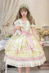 Pink/Green [Bamboo Rabbit] Peter Pan Collar Short Sleeves Printed Ruffled Embroidered Bow Sweet Lolita Dress - Product - 3