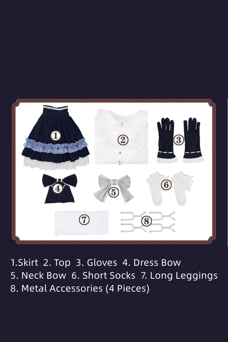 White/Blue [Identity V Gardener Inspired Dreamy] Half Sleeves Multi-Layered Ruffled Bow Classic Chinese Inspired Lolita Skirt Set - Product - 4