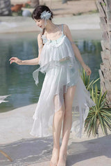 White Sleeveless Summer Beach Women's Lace Sweet Lolita Three-Piece Swimsuit Set - Product - 2