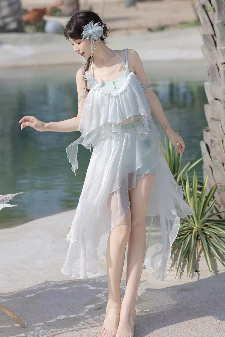 White Sleeveless Summer Beach Women's Lace Sweet Lolita Three-Piece Swimsuit Set - Product - 2