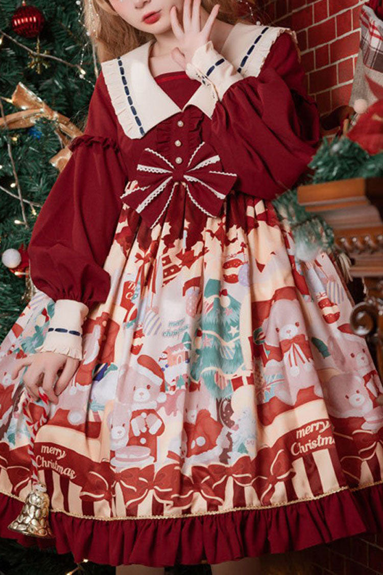 Wine Christmas Bear Print Long Sleeves High Waisted Bowknot Ruffled Sweet Lolita Op Dress - red - 1