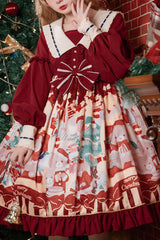 Wine Christmas Bear Print Long Sleeves High Waisted Bowknot Ruffled Sweet Lolita Op Dress - red - 1