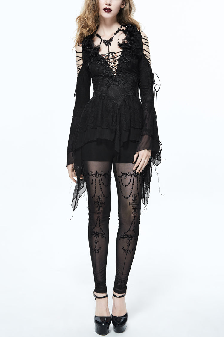 Black Big V Neck Lace Up Back Collar Rose Feather Decoration Lace Flare Sleeve Women's Gothic Knit T-Shirt - Black - 1