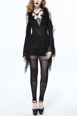 Black Big V Neck Lace Up Back Collar Rose Feather Decoration Lace Flare Sleeve Women's Gothic Knit T-Shirt - Black - 1