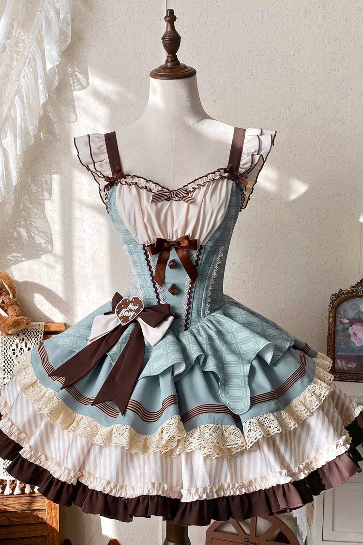 Sweet Square Collar Sleeveless Multi-Layered Printed Ruffled Bow Fishbone Lolita Dress 2 Colors (Mint Green, Chocolate Brown) - Product - 6