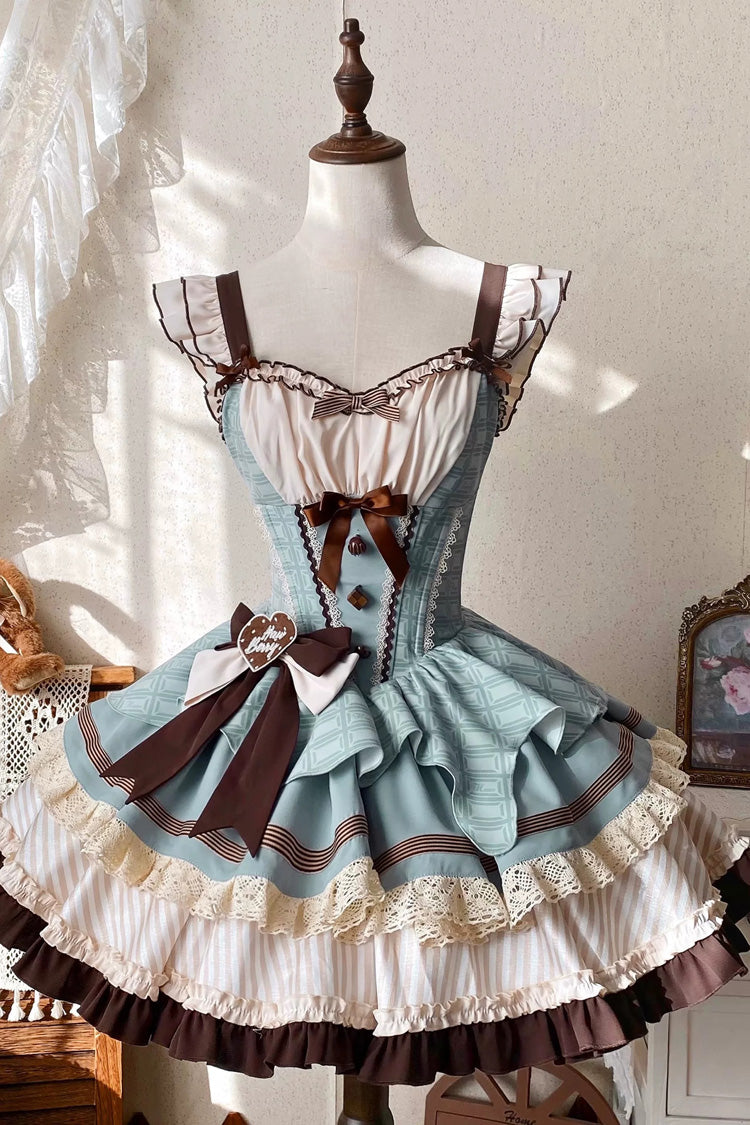 Sweet Square Collar Sleeveless Multi-Layered Printed Ruffled Bow Fishbone Lolita Dress 2 Colors (Mint Green, Chocolate Brown) - Product - 6