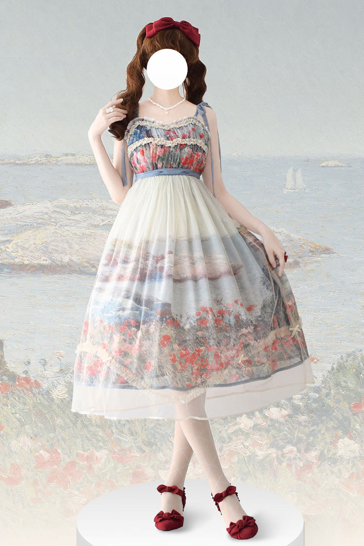 Multi-Color [Oil Painting – Island Garden] Sleeveless Print Ruffle Bowknot Lace Sweet Lolita Jsk Dress - Multi-Color - 1