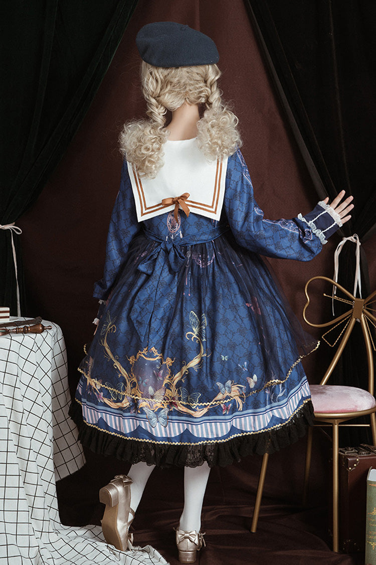 Blue Navy Collar Long Sleeves Butterfly Print Ruffle Bowknot Sweet Elegant Princess Lolita Dress - Product - 3