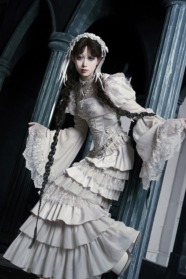 Solid Color [Bionic Doll] Square Collar Multi-Layered Ruffle Bowknot Lace-Up Gothic Lolita Fishtail Skirt Corset Set - Product - 5