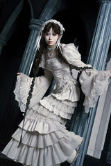Solid Color [Bionic Doll] Square Collar Multi-Layered Ruffle Bowknot Lace-Up Gothic Lolita Fishtail Skirt Corset Set - Product - 5
