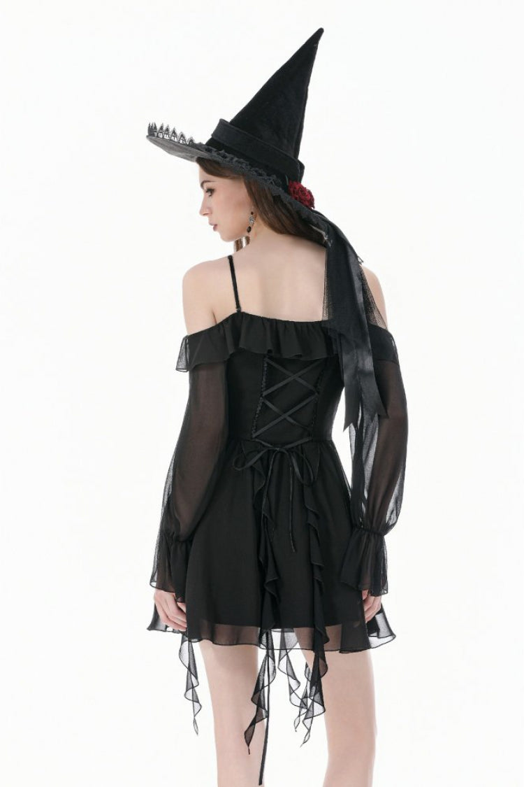 Black Moon Charm Off Shoulder Long Puff Bishop Sleeves Layered Ruffled Hem Women's Gothic Slip Dress - Product - 4
