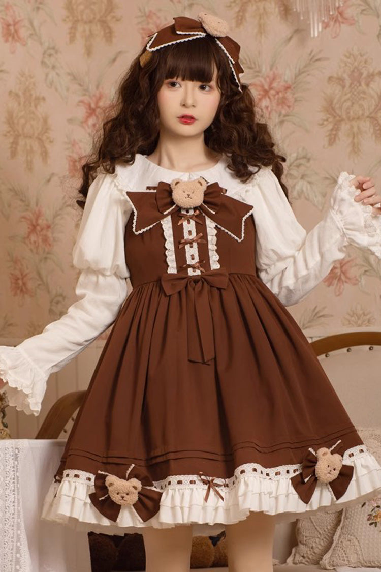 Brown [Mousse Bear] Sleeveless Ruffle Bowknot Sweet Vintage Princess Lolita Jsk Dress - Brown - 1