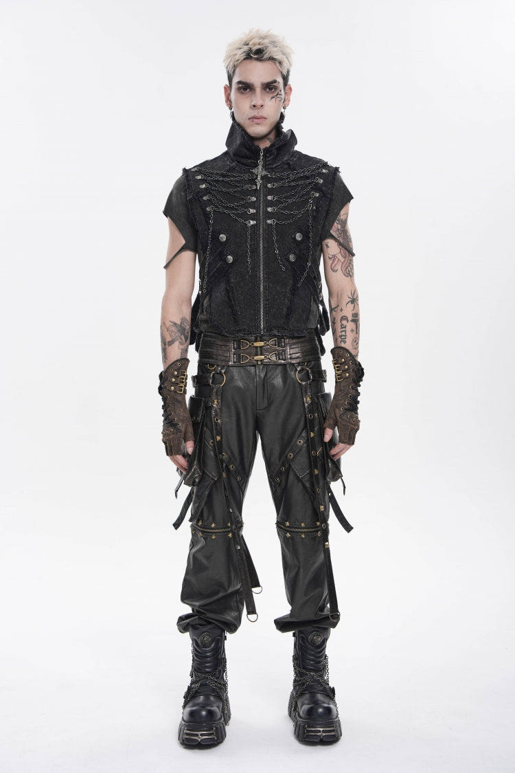 Black Stand Collar Sleeveless Zippered Chain-Decorated Men's Punk Cool Unedged Vest - Black - 1