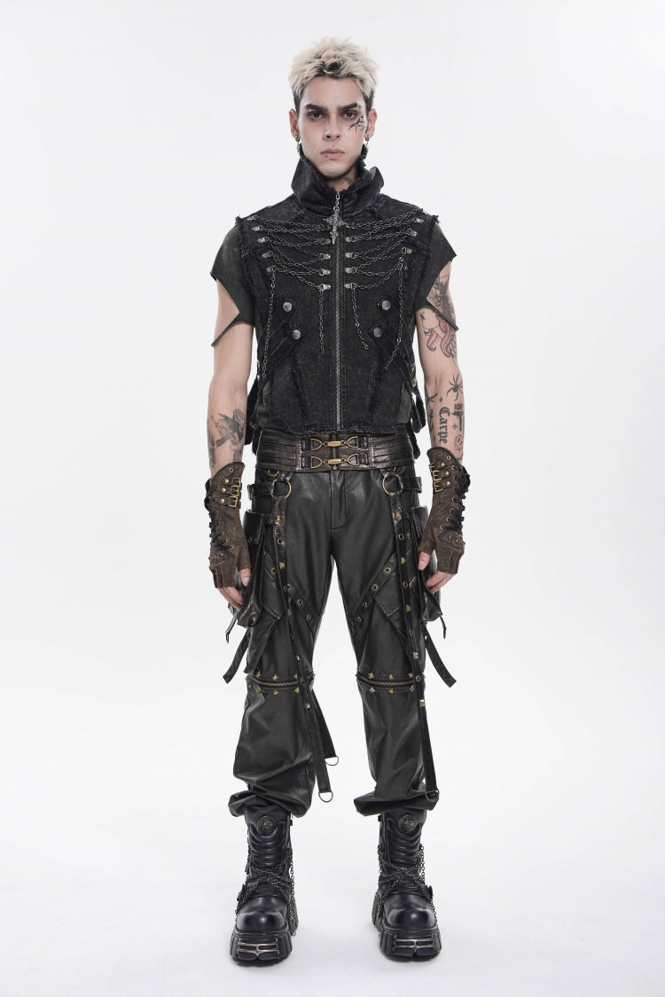 Black Stand Collar Sleeveless Zippered Chain-Decorated Men's Punk Cool Unedged Vest - Black - 1