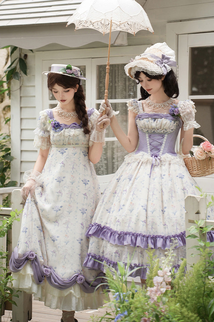 Purple/Ivory [Iris Secrets] Double-Layered Print Ruffle Bowknot Lace-Up Fake Two Pieces Sweet Lolita Jsk Dress - Product - 7