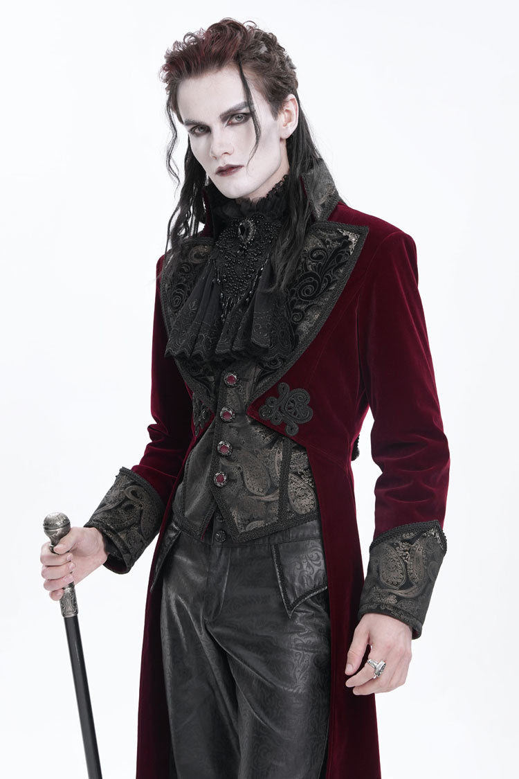 Wine Red Long Sleeves Button Floral Embroidery Men's Gothic Jacket - Product - 8