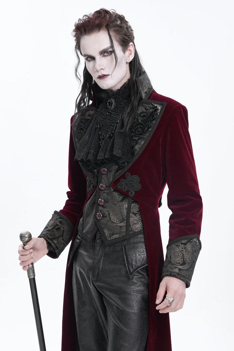 Wine Red Long Sleeves Button Floral Embroidery Men's Gothic Jacket - Product - 8